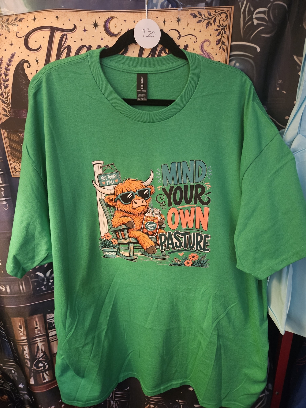 Gildan Green Unisex Tee with Highland Cow Graphic and Slogan